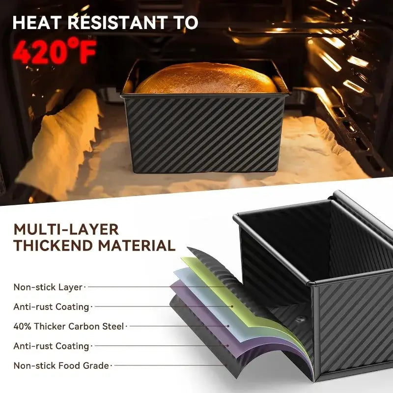 Rectangle Loaf Pan with Lid 1lb Non-Stick Bread Baking Pan Carbon Steel Corrugated Toast Box Toast Mold for Oven Baking Tool